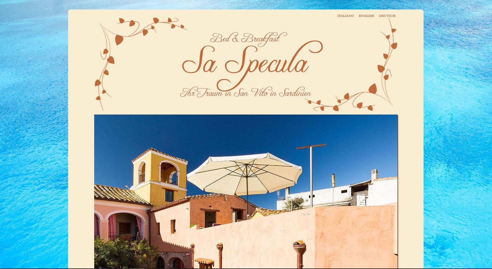 Titelseite der Website des Bed and Breakfast Sa Specula in San Vito, Sardinien